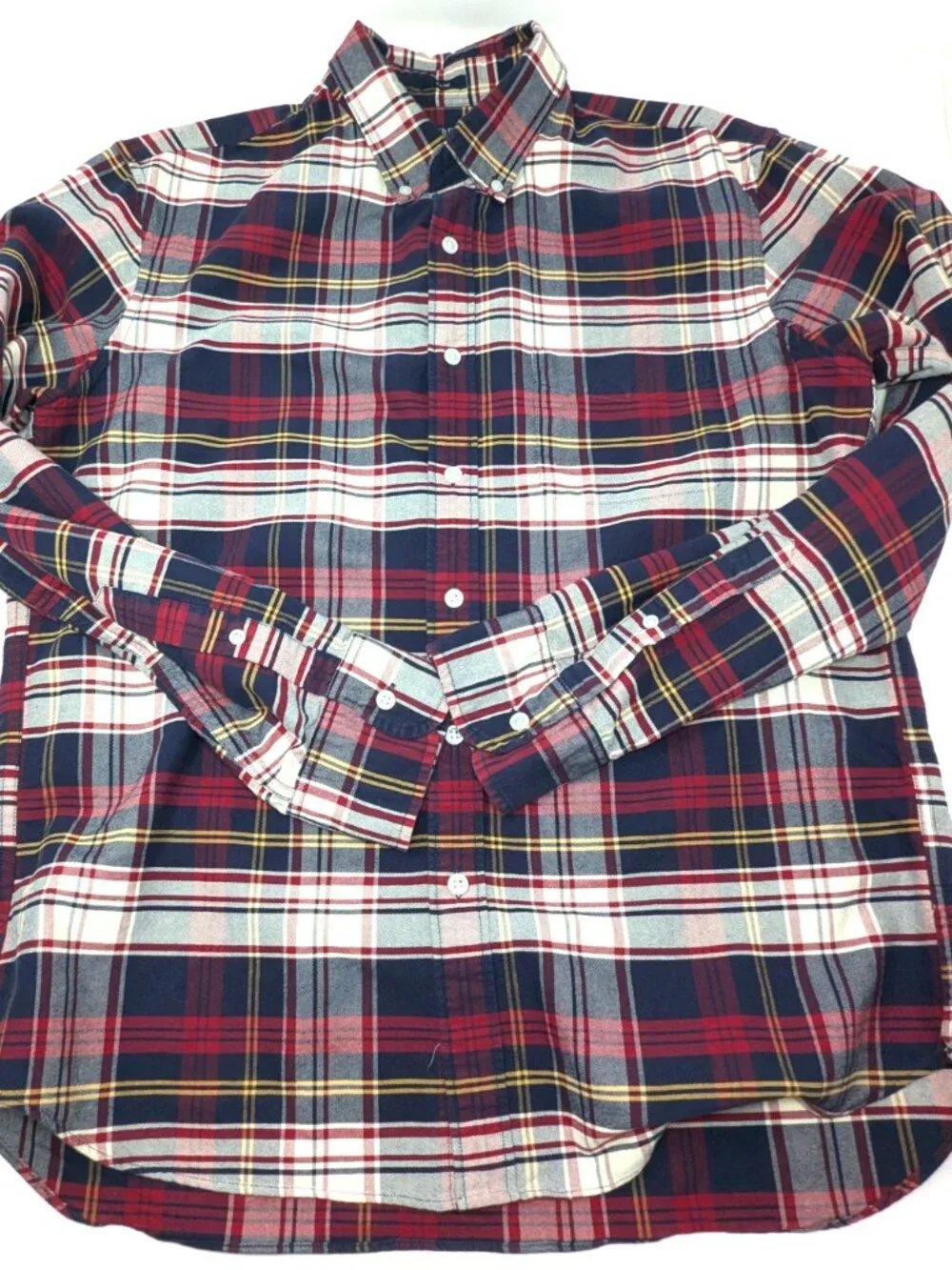 J Crew Mens Flex Oxford Shirt Large Red White Blue Plaid Button Down Slim $24